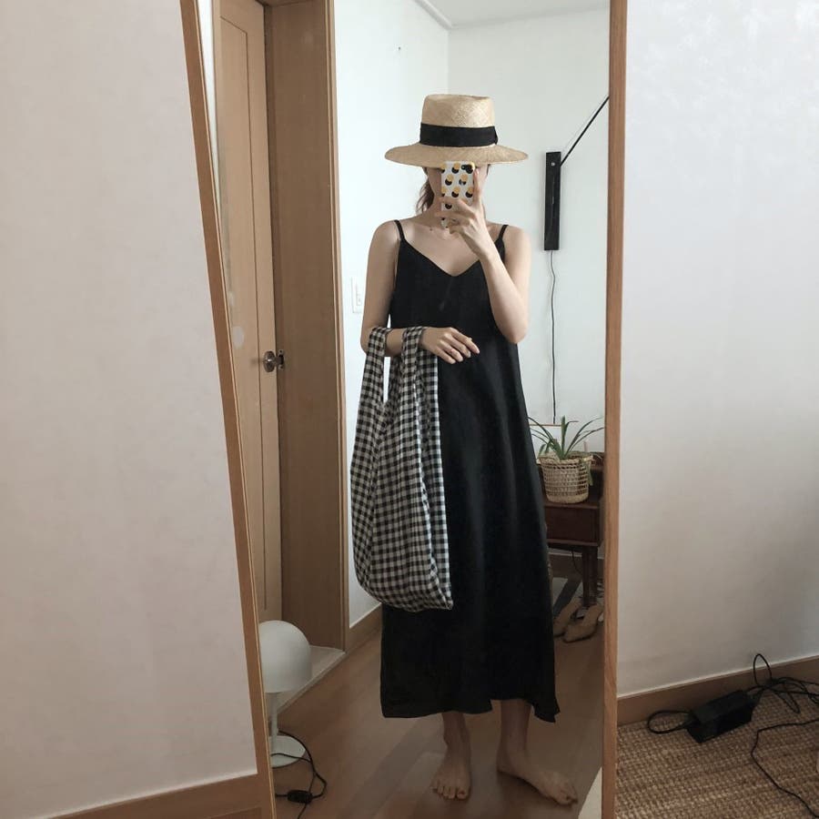 マキシ丈麻ライクVネックロングキャミワンピース[品番