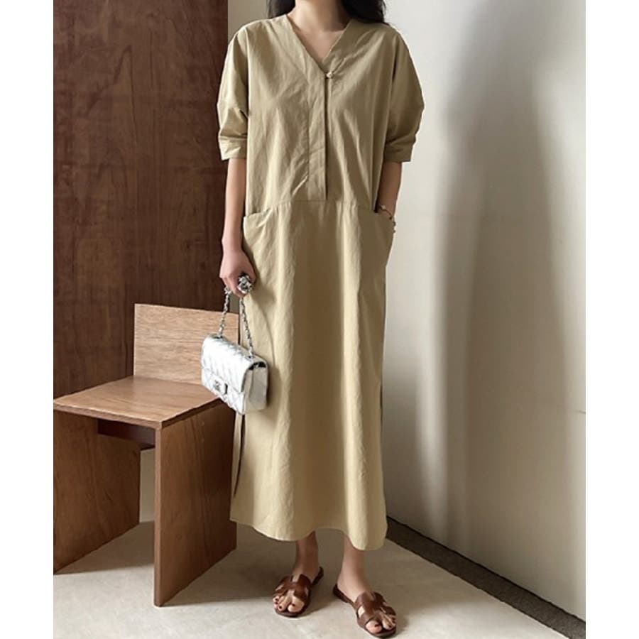 麻ライクパフスリーブVネックロングワンピース[品番