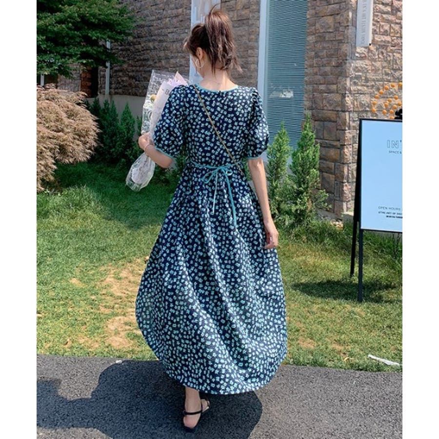 美品】ワコール スリーシア ワンピース 花柄 青 フリル ロング