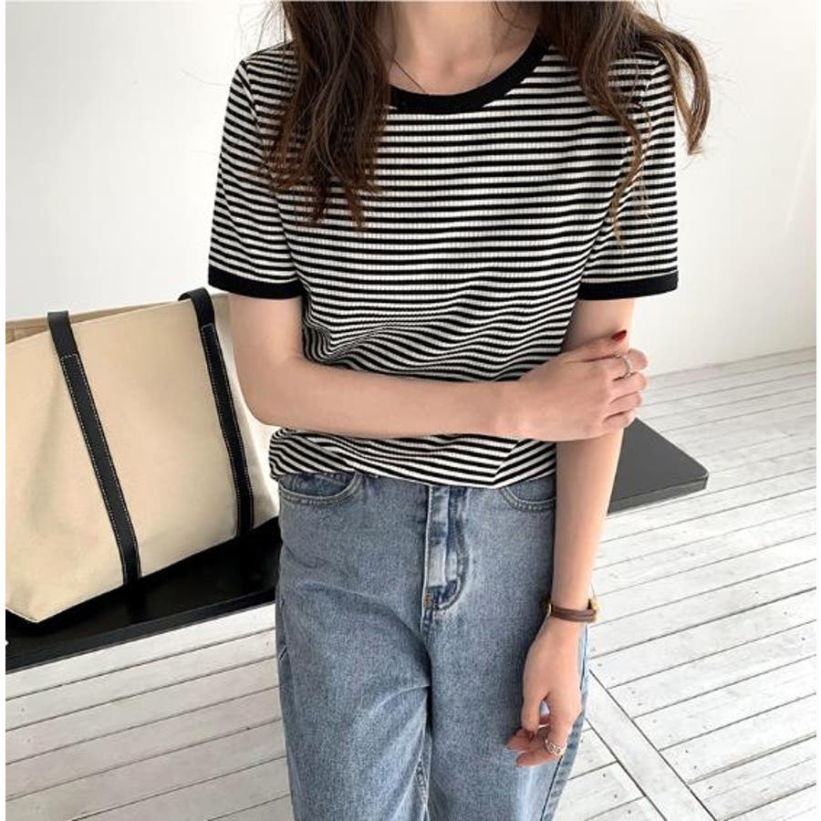 配色パイピングカットソーボーダーTee(半袖）[品番：ABIW0000853
