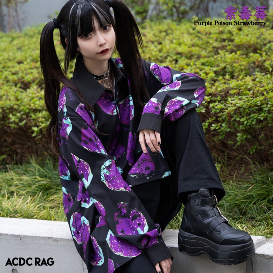 &ellecy　紫いばら＆苺柄 長袖シャツ &ellecy 紫いばら＆苺柄 長袖シャツ