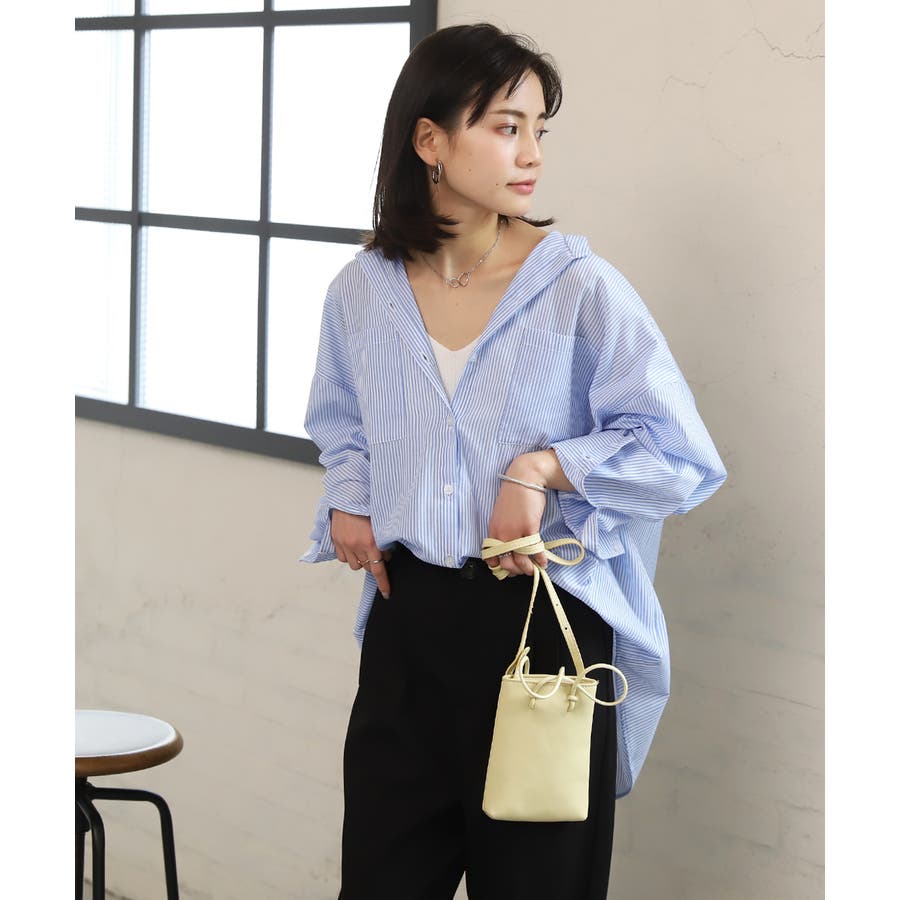 美品> ビックシルエットノーカラーシャツ ストライプ【L'ESSAGE