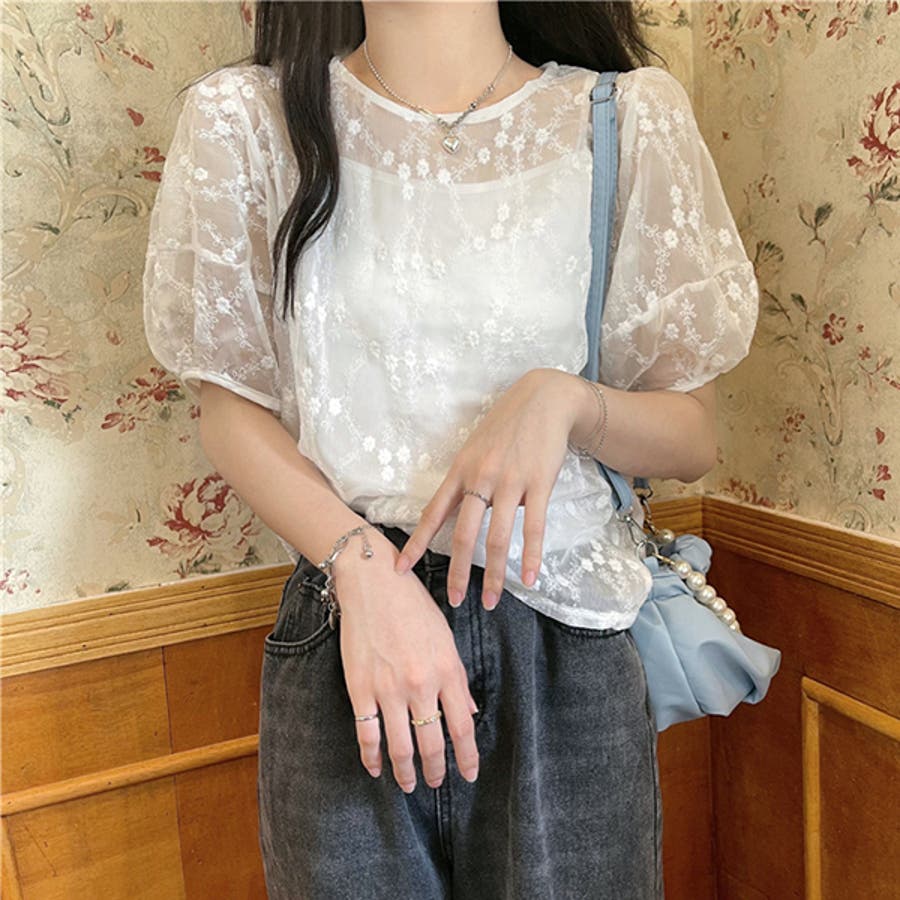 花柄刺繍ブラウス シアーブラウス 春夏トップス[品番