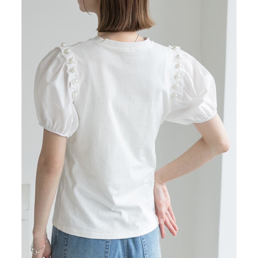 パール付き・パフスリーブ ショルダーフリルTシャツ[品番