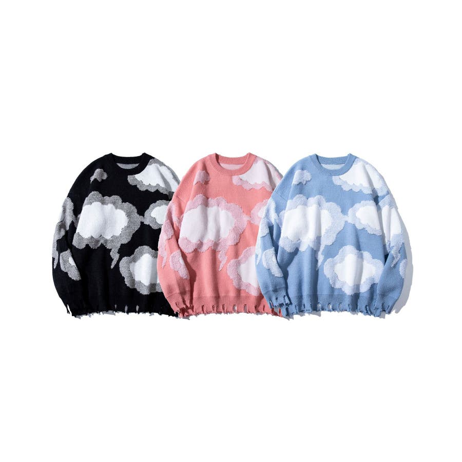 OUTLET【HOOK】裾ダメージ加工雲柄ニット風スウェット 韓国