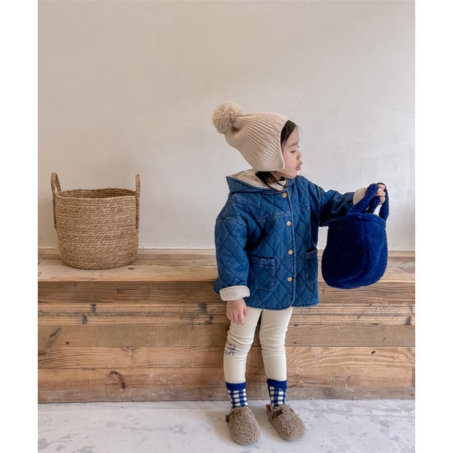 韓国子供服 暖かいボア裏地フード付きキルティングデニムコート キッズ