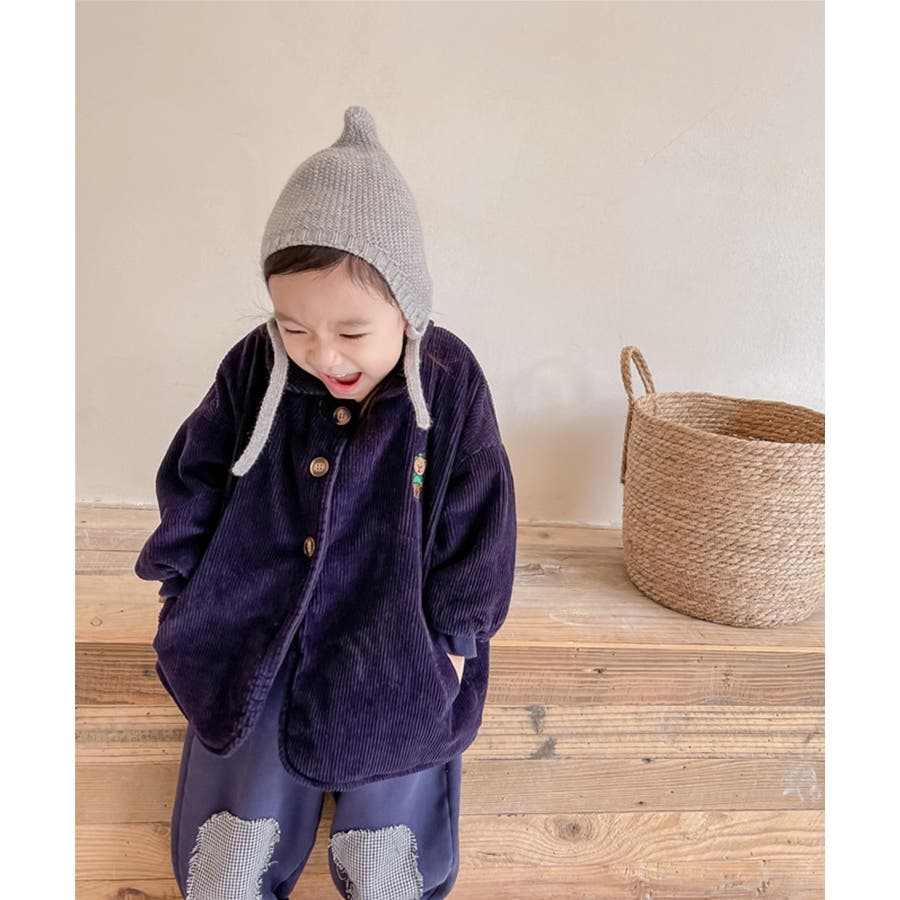 韓国子供服 クマ刺繍ボア裏地暖かい中綿コーデュロイコート キッズ