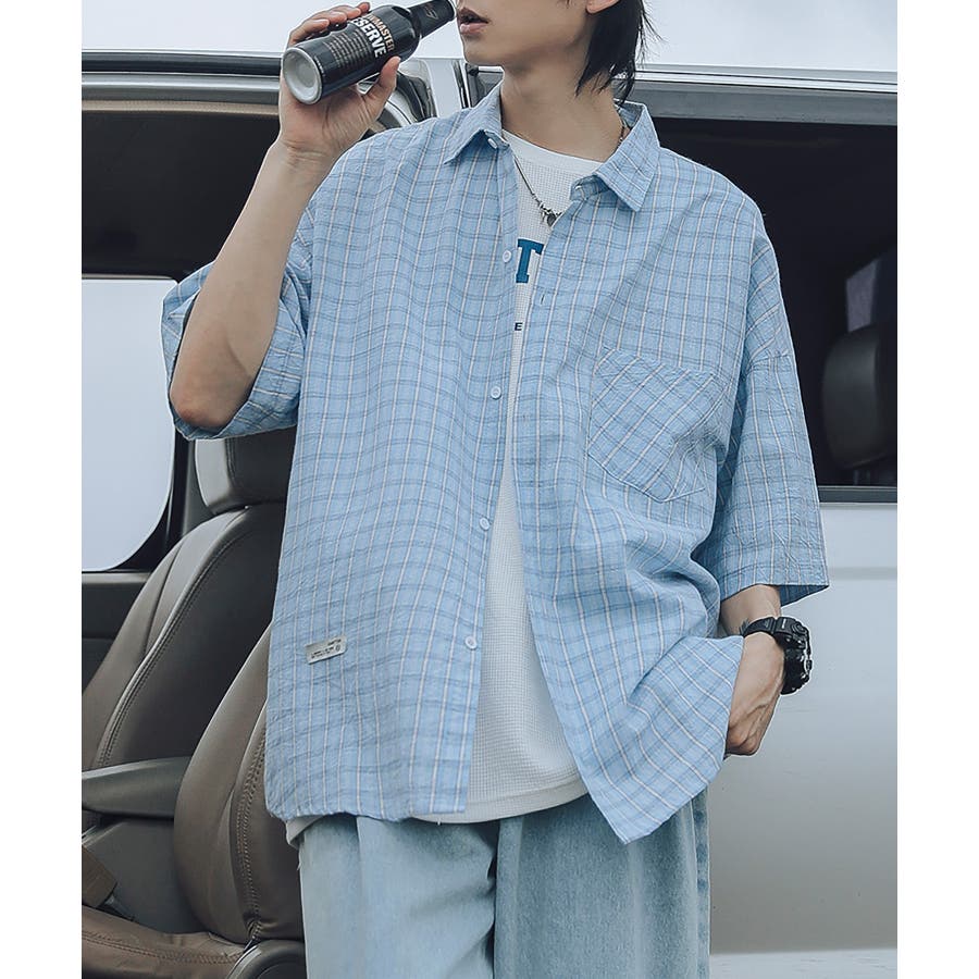 メンズ  長袖  シャツ 柄  オーバーサイズ  ブルー  青韓国　Ⅼ