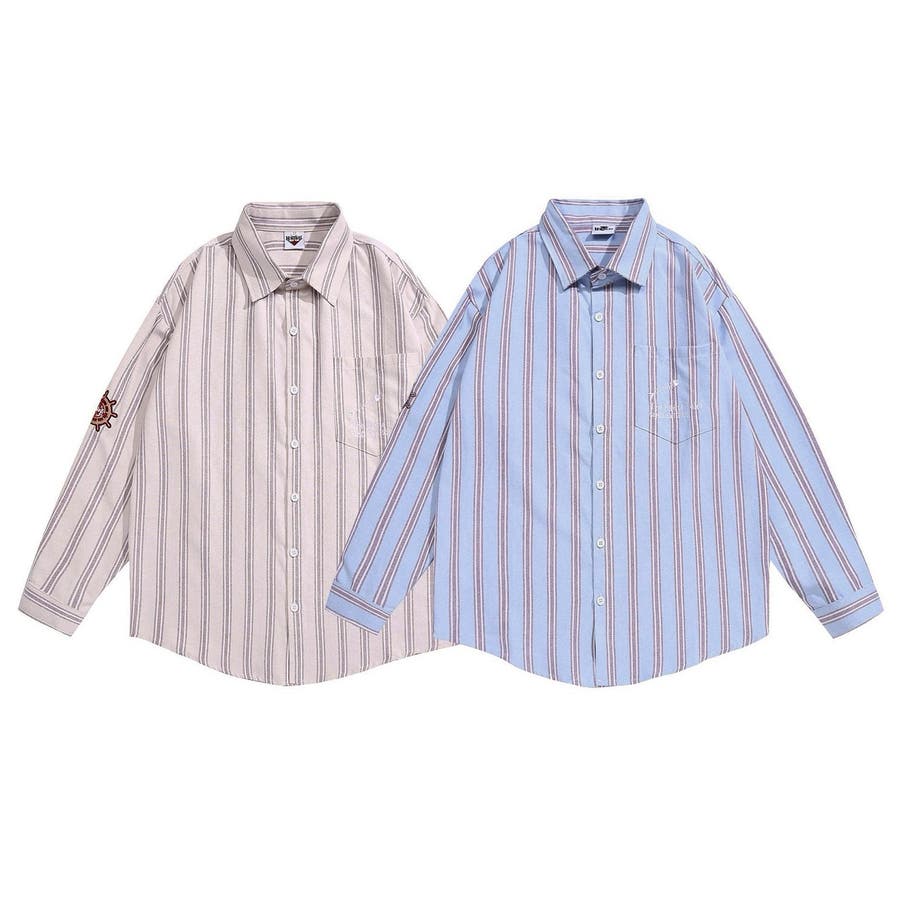 HOOK original 配色ストライプワンポイント刺繍長袖シャツ[品番