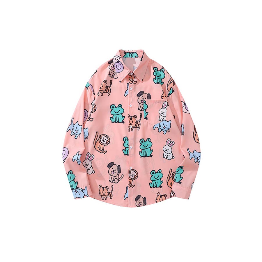 HOOK】かわいい動物イラスト総柄プリントシャツ[品番：XT000010223