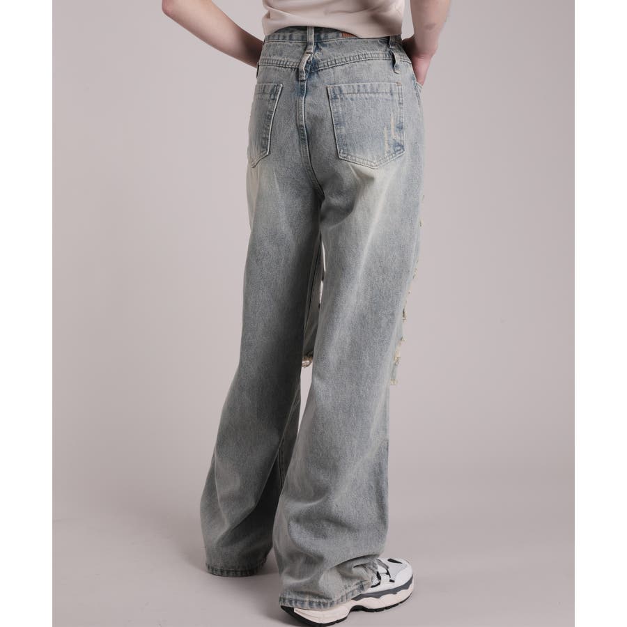 HOOK」for girls ダメージウォッシュワイドデニムパンツ[品番 HOOK」for girls ダメージウォッシュワイドデニムパンツ[品番