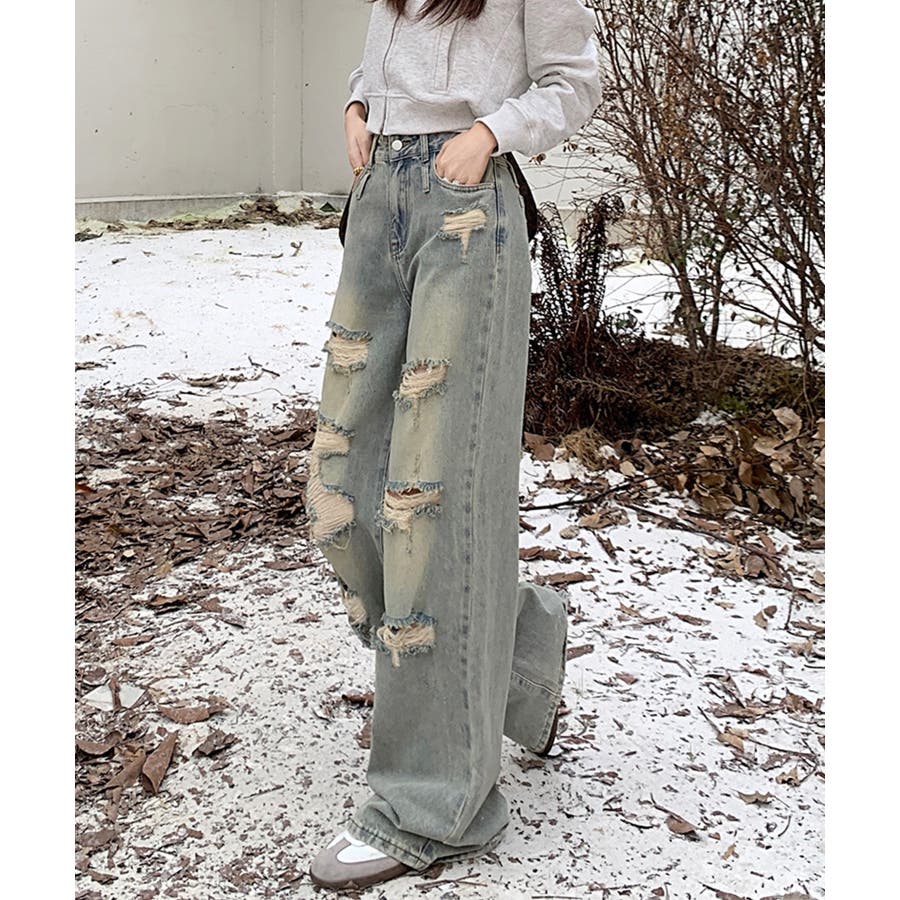 HOOK」for girls ダメージウォッシュワイドデニムパンツ[品番 HOOK」for girls ダメージウォッシュワイドデニムパンツ[品番