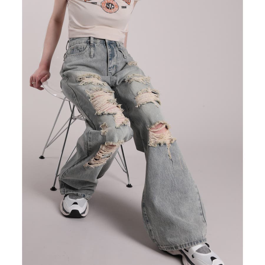 HOOK」for girls ダメージウォッシュワイドデニムパンツ[品番 HOOK」for girls ダメージウォッシュワイドデニムパンツ[品番