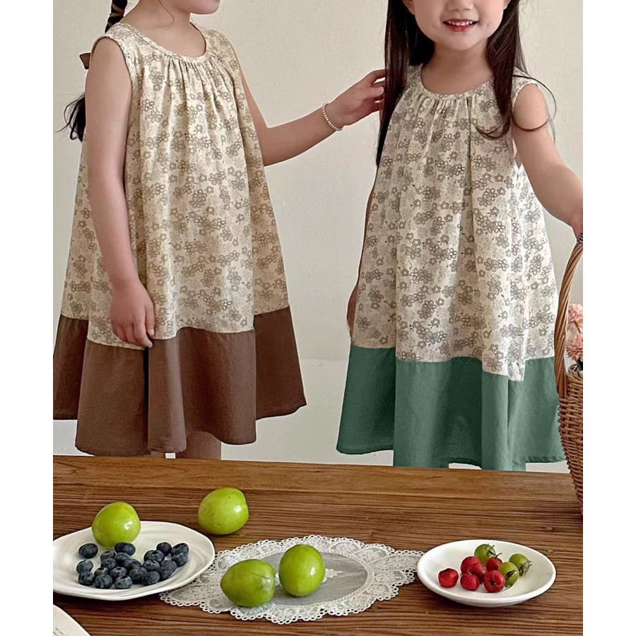 aimoha-KIDS-】バックリボン キッズノースリーブ花柄ワンピース[品番