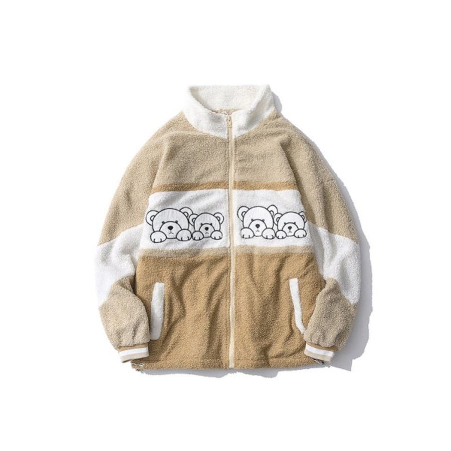 古着　スエードボンバージャケット　ボア襟　ブラック　ベージュニット切り替えXL. かわいいベア刺繍入り切替風 ボアジャケット お揃い[品番：XT000004709