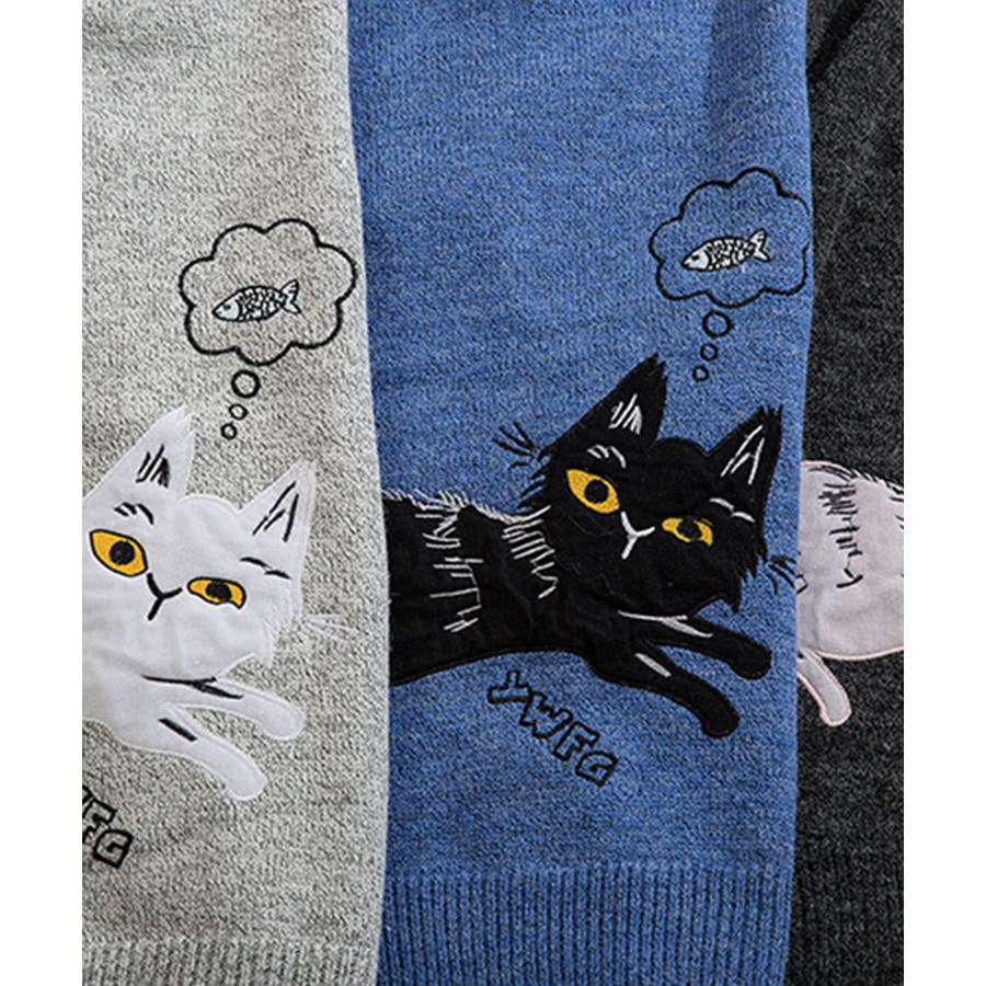 未使用【フック】HOOK ネコ 猫ちゃん 刺繍 ニット セーター L 青×黒