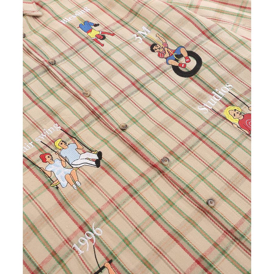 HOOK】レトロ調人物刺繍チェック柄長袖シャツ[品番：XT000009538