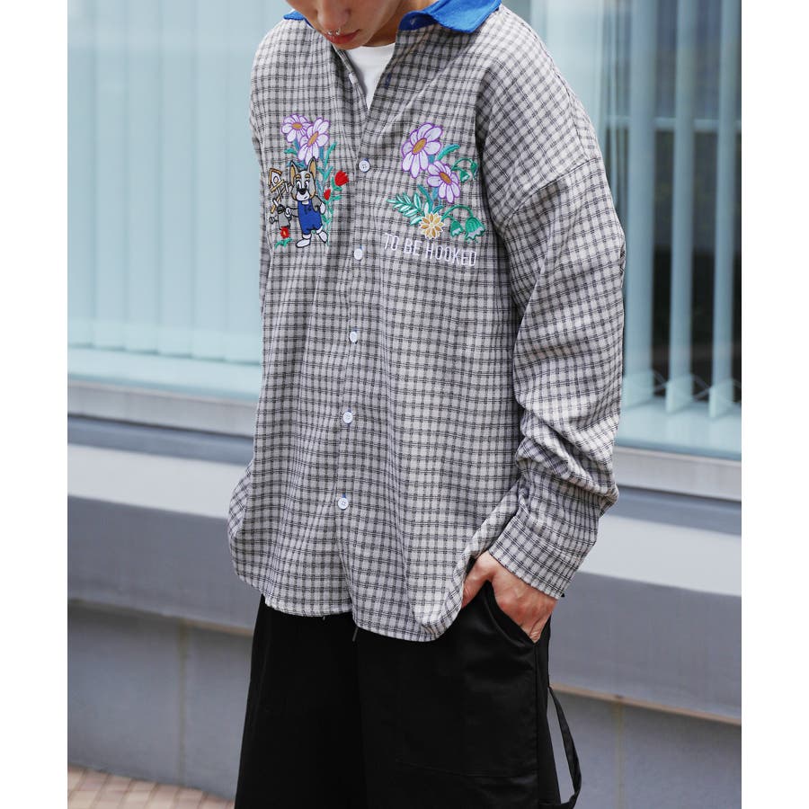 レトロ調可愛いワンちゃん刺繍チェック柄長袖シャツ[品番：XT000009622