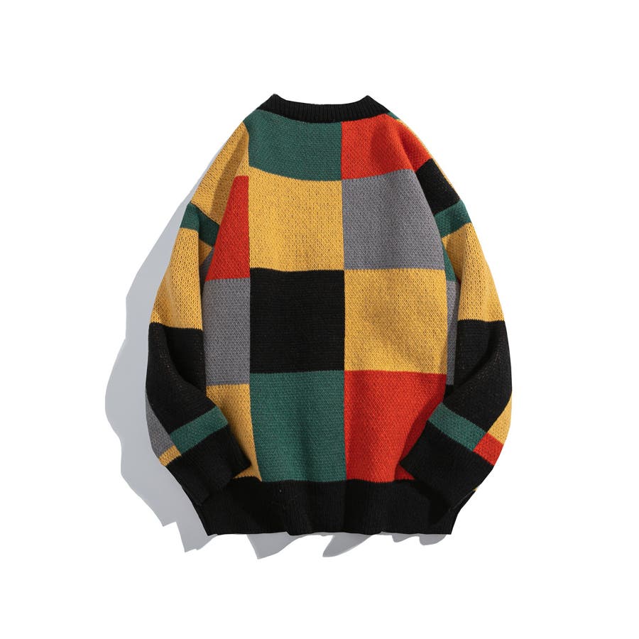 レトロ調パッチワーク風配色カーディガン ユニセックス オーバー