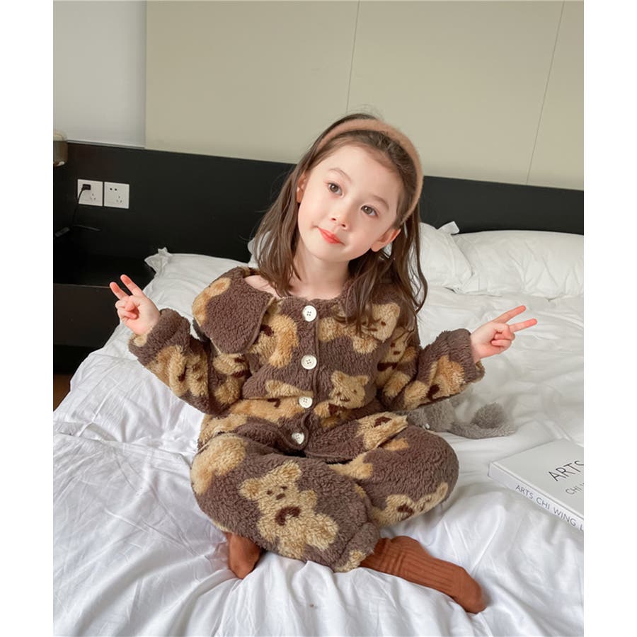 OUTLET 韓国子供服 かわいいクマ総柄フリースルームウェア[品番