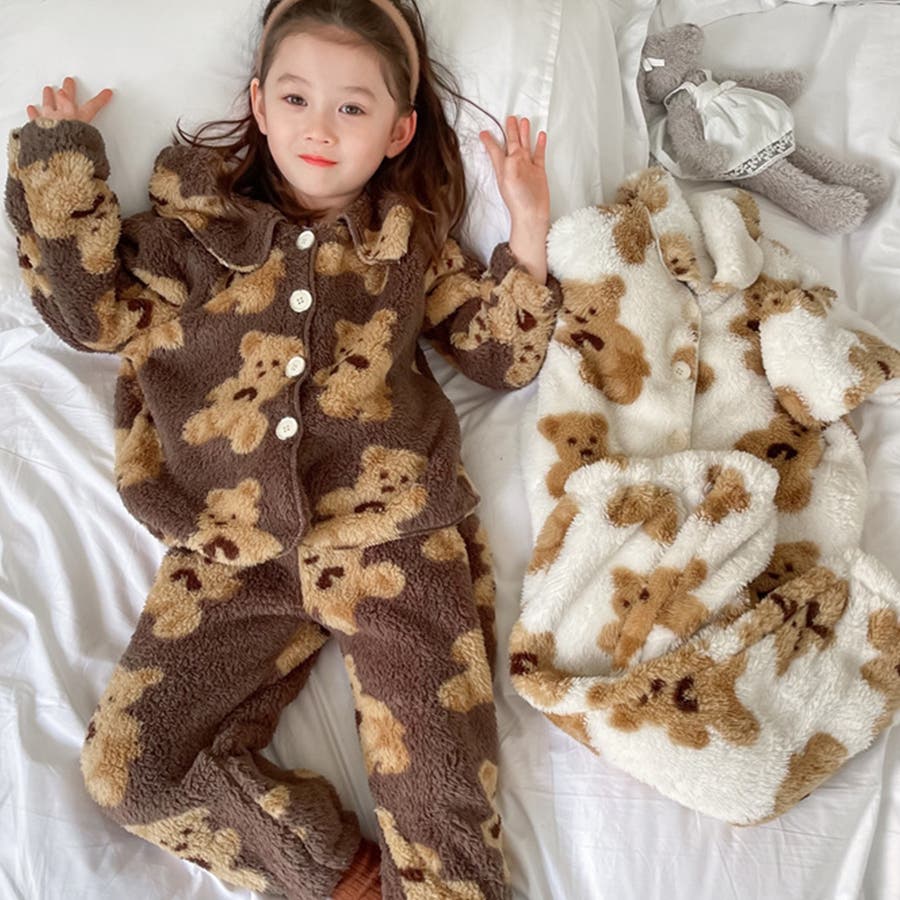 OUTLET 韓国子供服 かわいいクマ総柄フリースルームウェア[品番