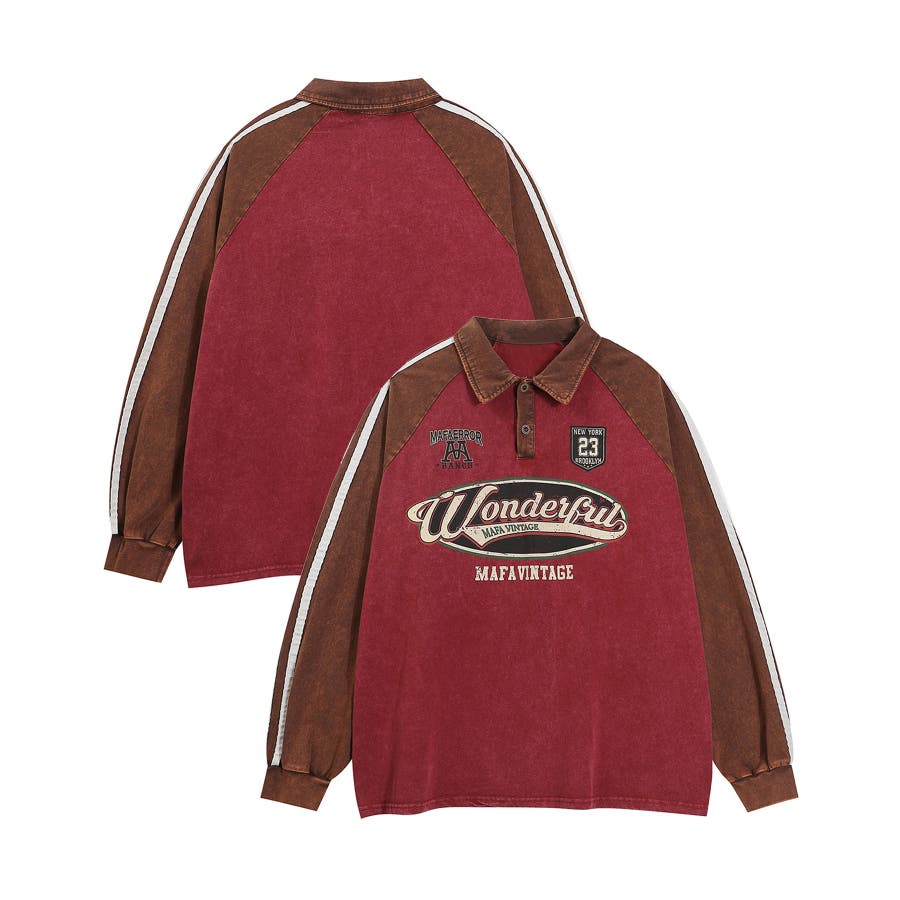 HOOK select 古着風ロゴプリント袖テープラインウォッシュポロシャツ