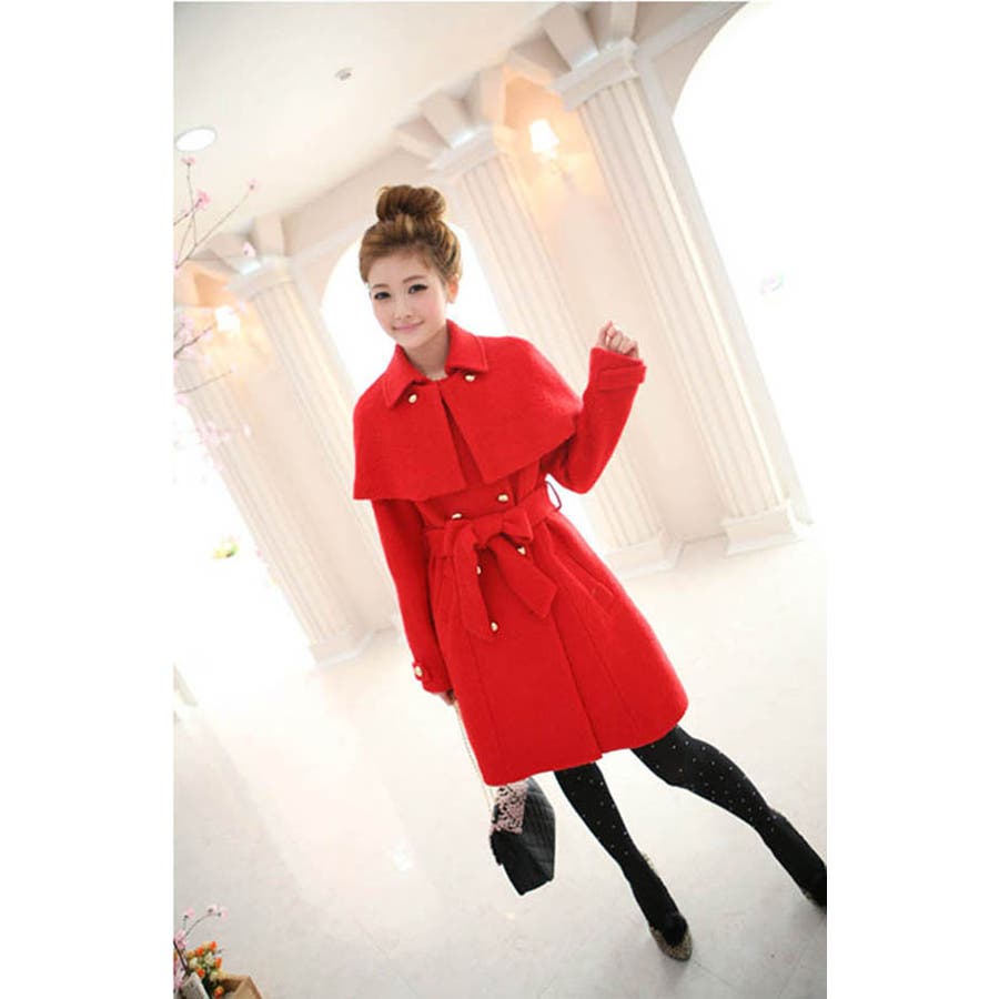 Areeam ファー付ケープコート アリーム あいにゃん コート 赤 レッド