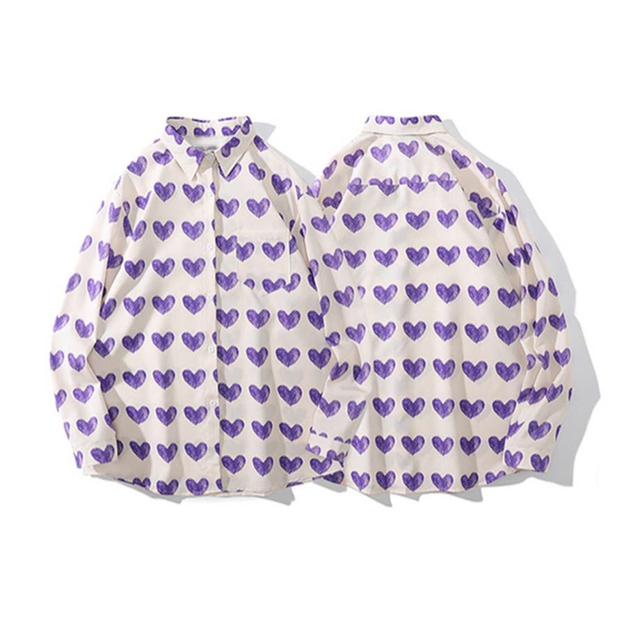 HOOK】ハート柄 古着風総柄デザイン 長袖シャツ[品番：XT000006073