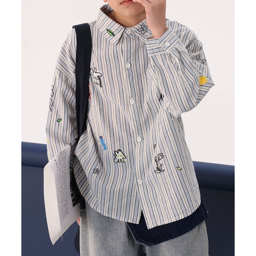Aimoha KIDS】カラフル刺繍ストライプシャツ[品番：XT000012990