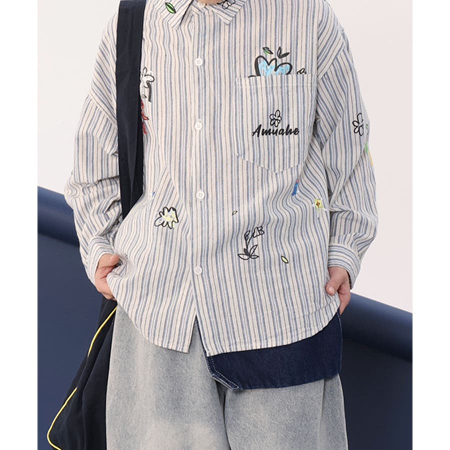 Aimoha KIDS】カラフル刺繍ストライプシャツ[品番：XT000012990