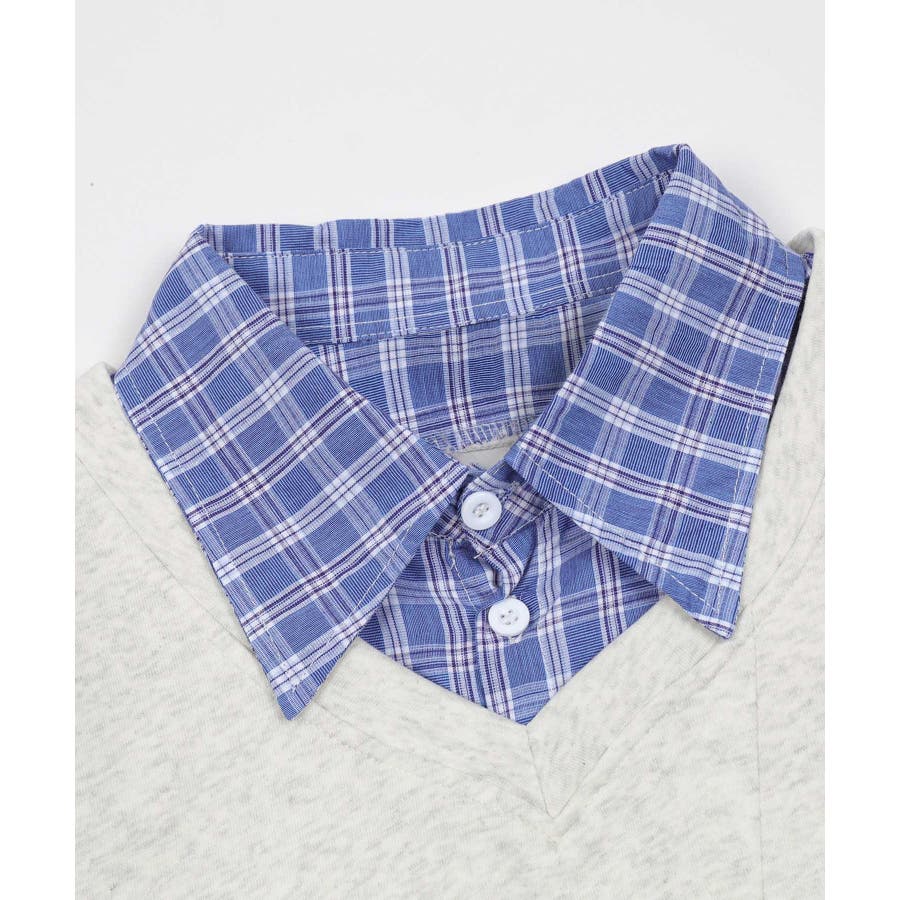 for girls チェック柄シャツ+無地カーデレイヤード風トップス