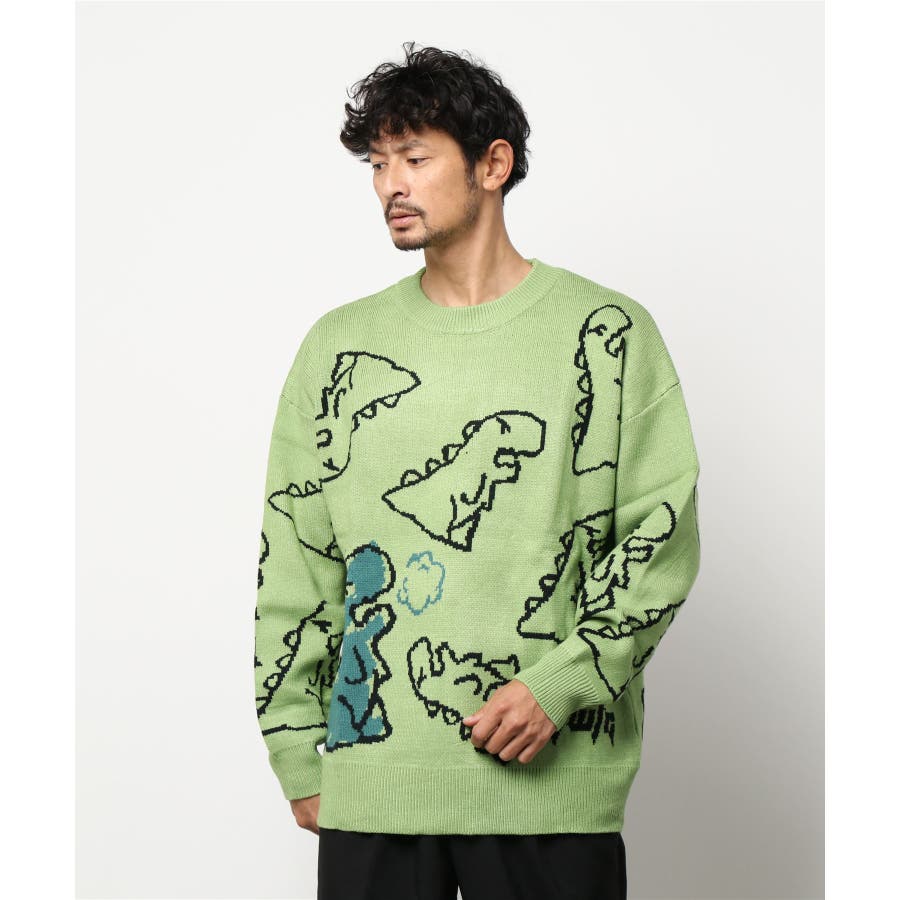 かわいい落書き恐竜イラスト 総柄ニット 韓国ファッション[品番