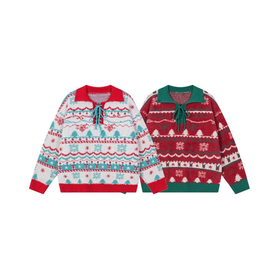 HOOK -select- 編み上げポロ襟クリスマスニット【AW】[品番