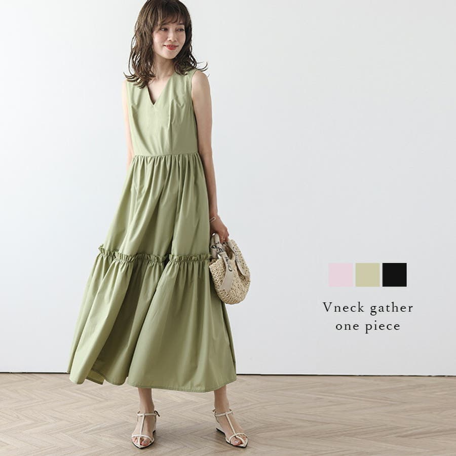 ワンピース Vネック ギャザー[品番：AMLW0002846]｜AMELY（エメリー  