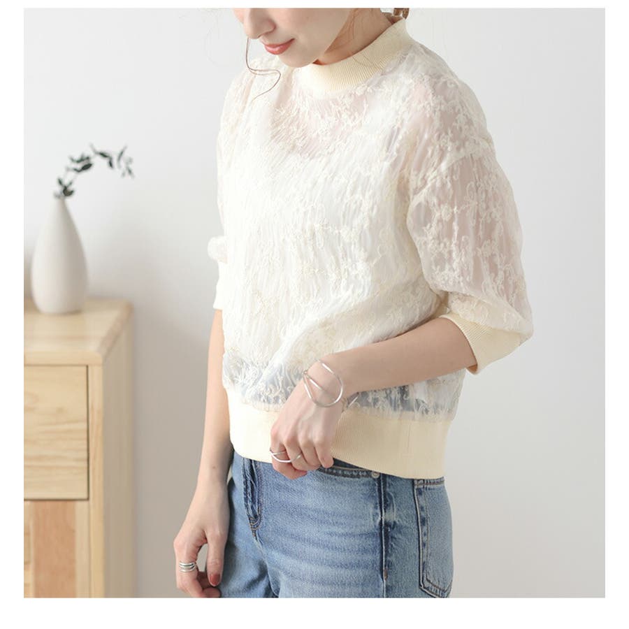 シアー刺繍トップス ブラウス 5分袖[品番：AMLW0002262]｜AMELY