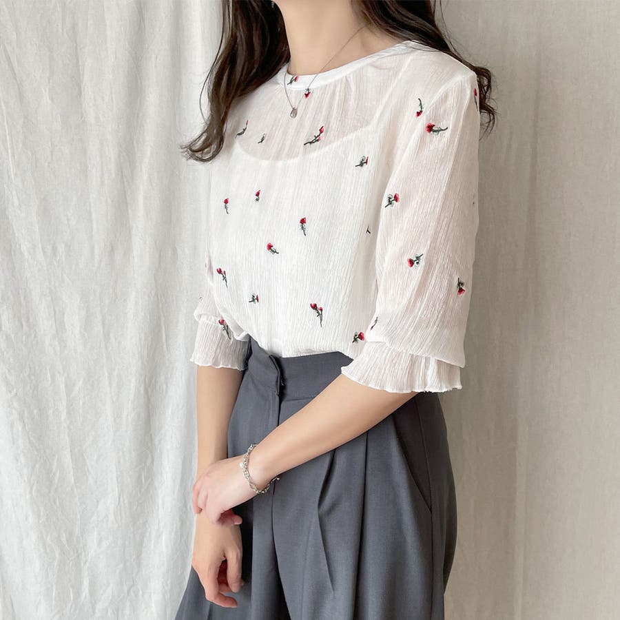 切り込み 花柄刺繍 チャイナブラウス シック（ブラウス/トップス