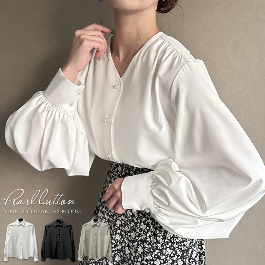 パール釦Vネックノーカラーブラウス[品番：AMTW0005245