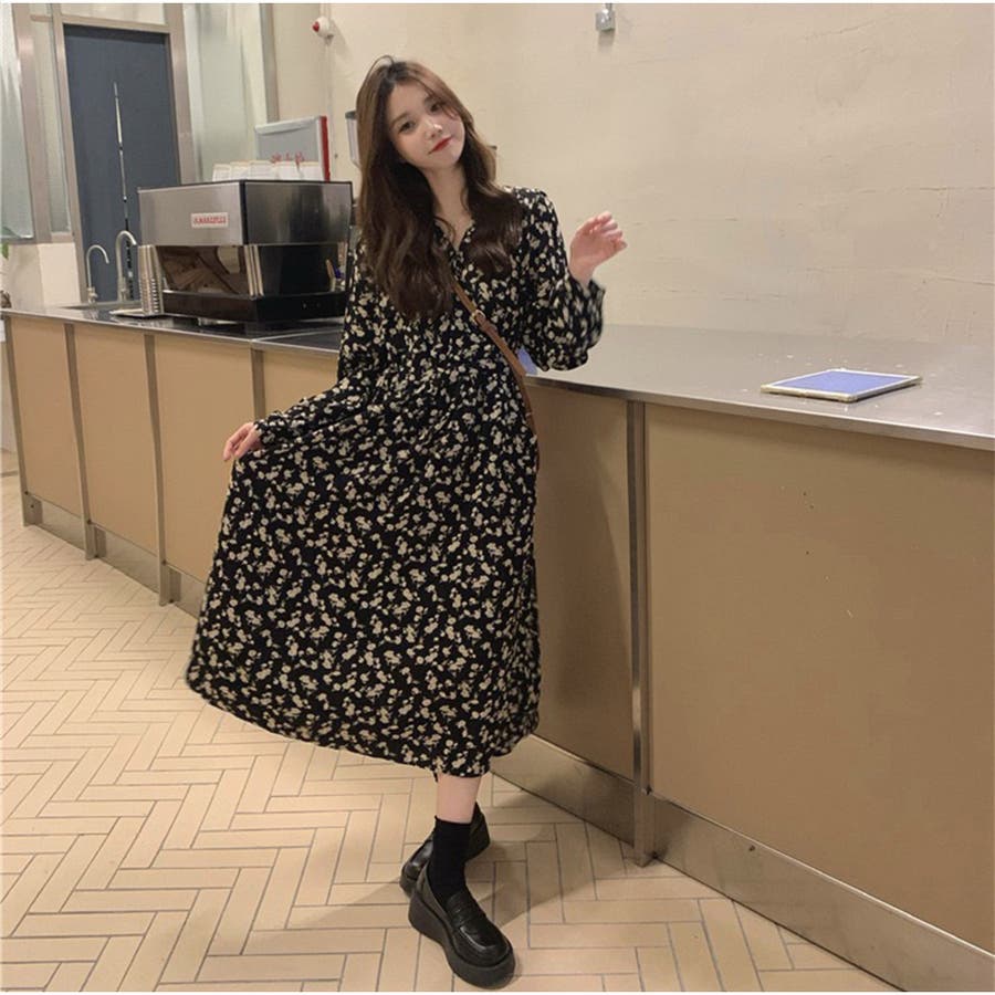 花柄 ロングワンピース Vネック 長袖 花柄カジュアルワンピース 花柄 ロングワンピース Vネック 長袖 花柄カジュアルワンピース