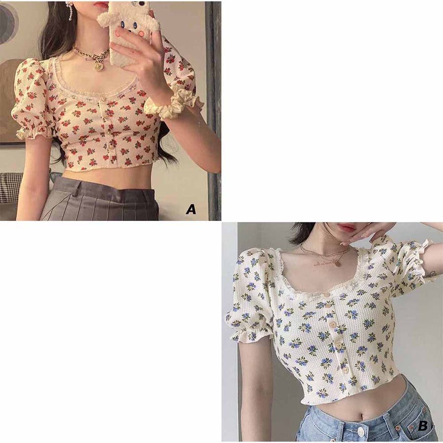 小花柄 Tシャツ カットソー レディース フェミニンなパフスリーブの 