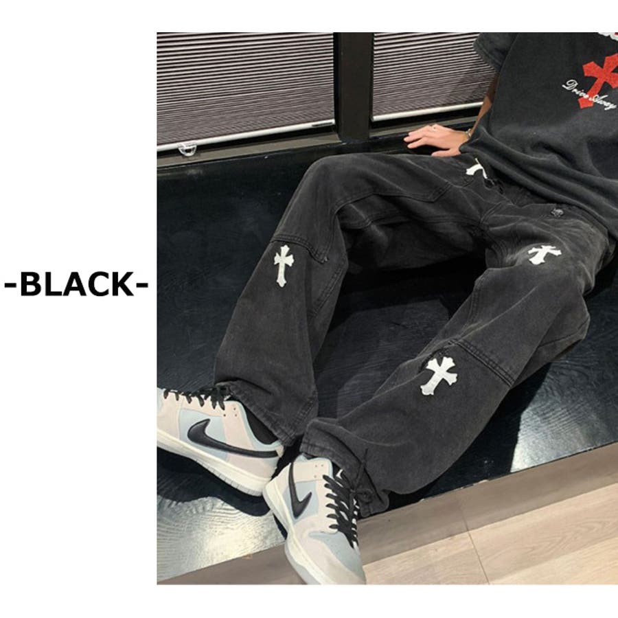 クロスパッチ ルーズストレートデニムパンツ ワイドデニム[品番