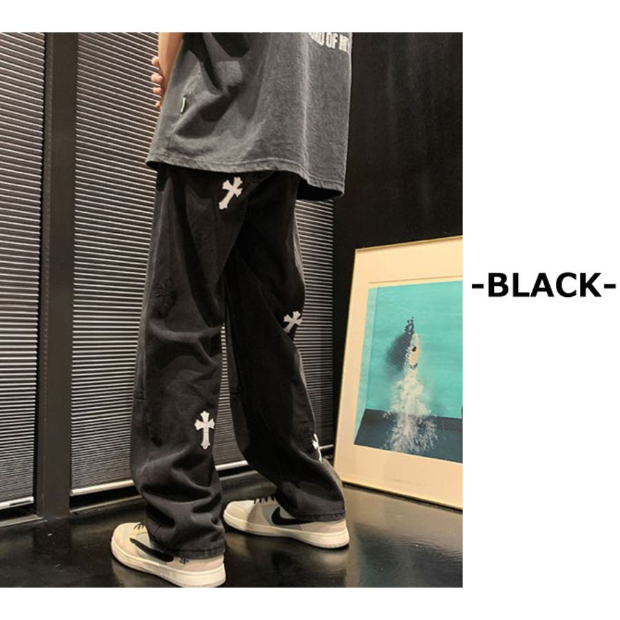 クロスパッチ ルーズストレートデニムパンツ ワイドデニム[品番
