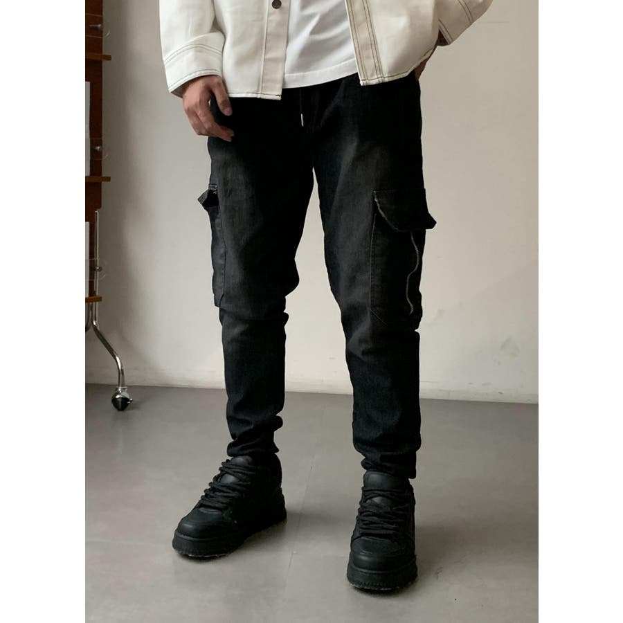 ストレッチデニム カーゴパンツ ファスナーデザインポケット