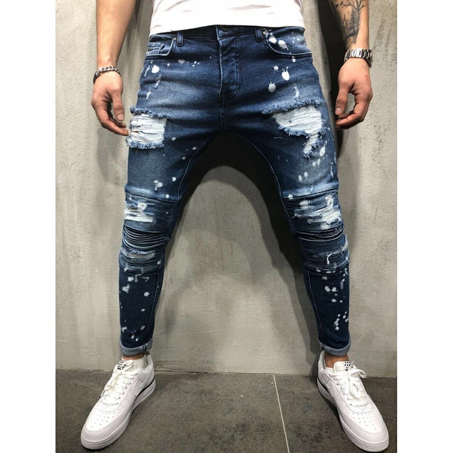 ダメージデニムパンツ ジーンズ メンズ ストレッチ ブルー クラッシュ
