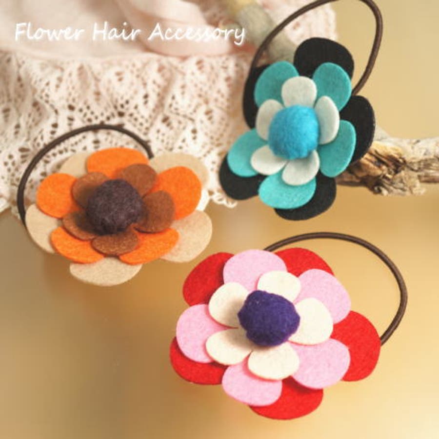 3色のフェルト生地をお花の形にカットした元気カラーフェルト フラワーのお花ヘアゴム 品番 Yuka Yukatanゆかたんのレディースファッション通販 Shoplist ショップリスト