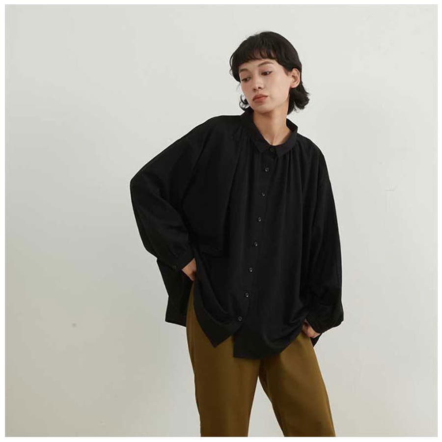 最も  表面しわ感素材長袖ルーズフィットシャツブラウス[品番 シャツ+ブラウス(半袖+袖なし)