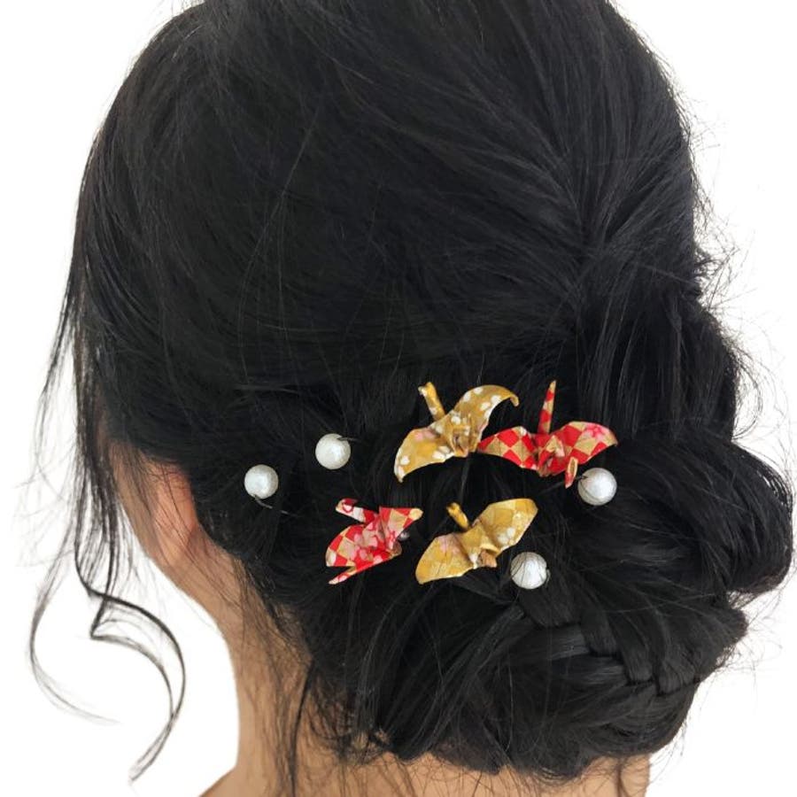 おりづるのヘアアクセサリー赤・金（Uピン14本セット）[品番