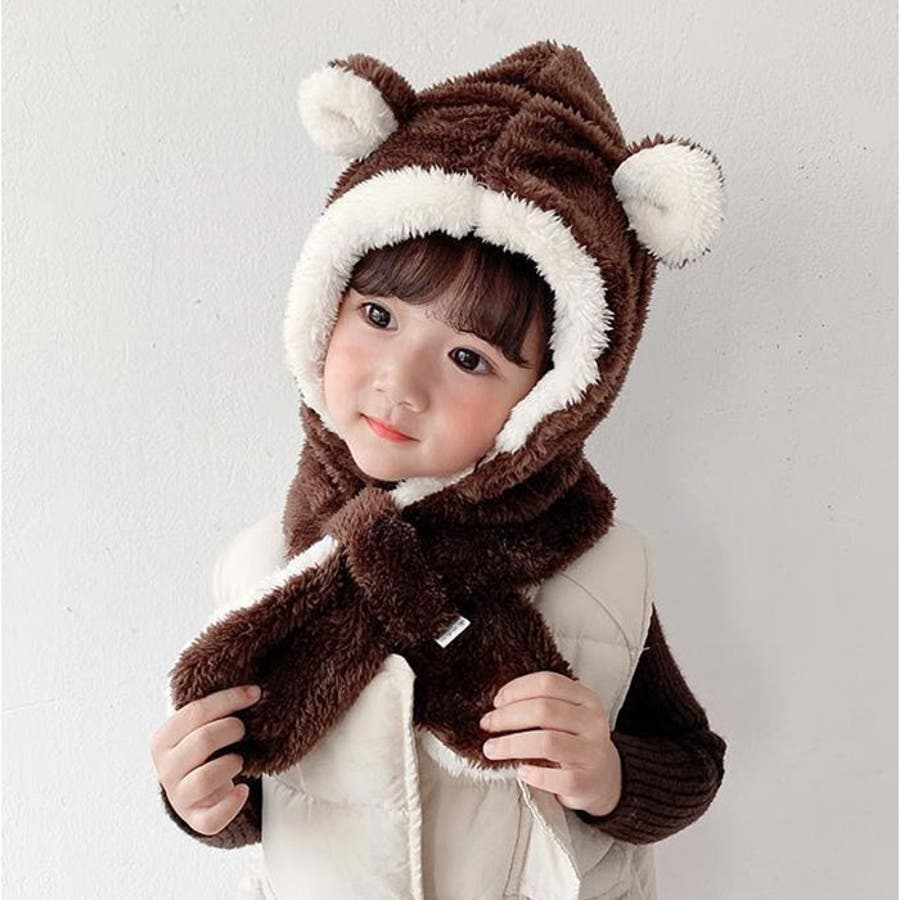 【使い勝手の良い】 ふわふわ キッズマフラー 耳付き帽子[品番：BCYW0033339 小物