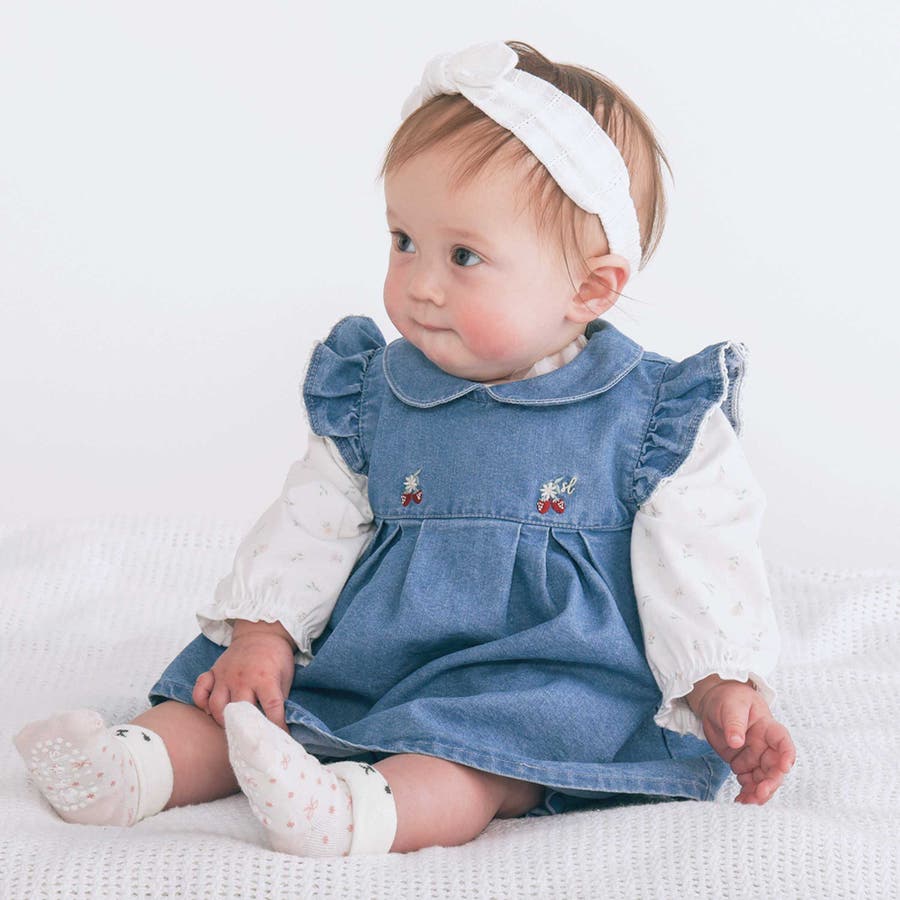 デニムレースイチゴ刺しゅう襟ワンピース+ブルマセットベビー(70~80cm