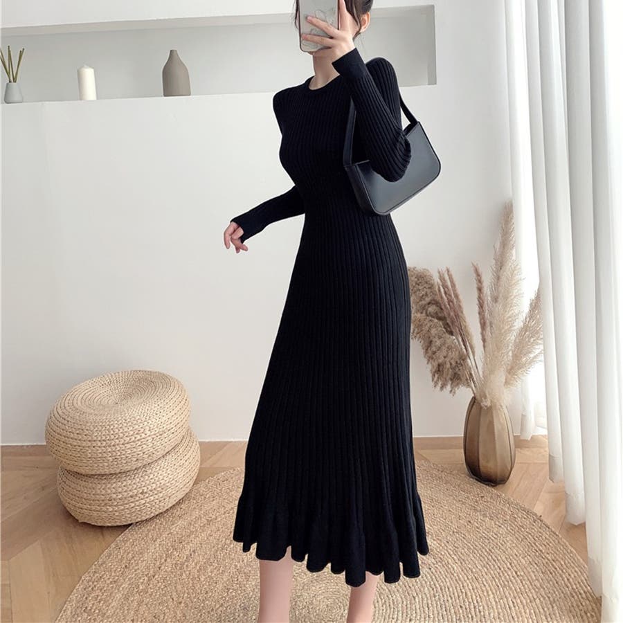 リブニットワンピース ロングワンピース ワンピース[品番