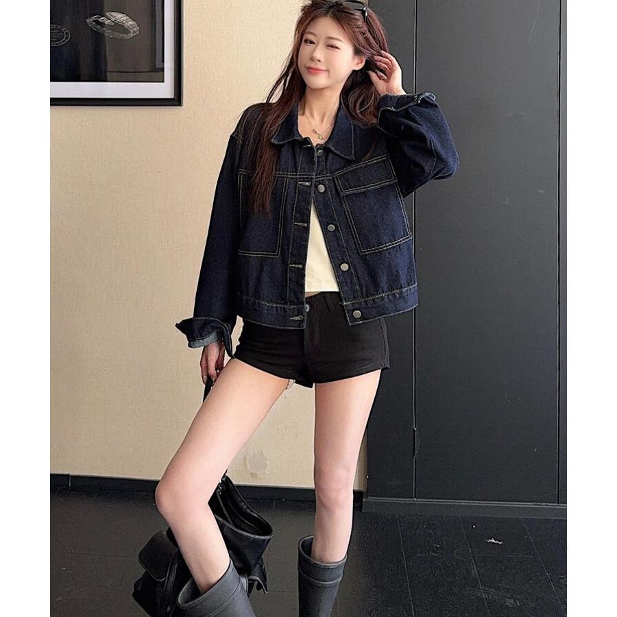 デニム ショートジャケット ボタンファスナー ワイドレッグデニム